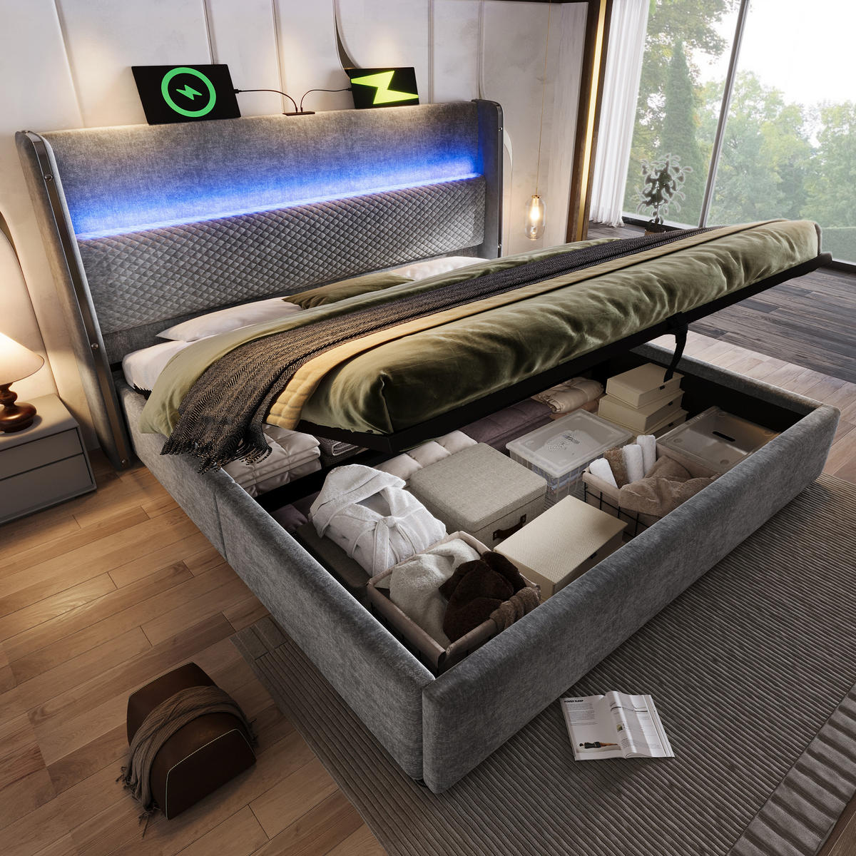 POLSTERBETT 160/200 cm Grau mit hohem Kopfteil und LED-Beleuchtung - Grau, Textil (160/200cm) - OKWISH