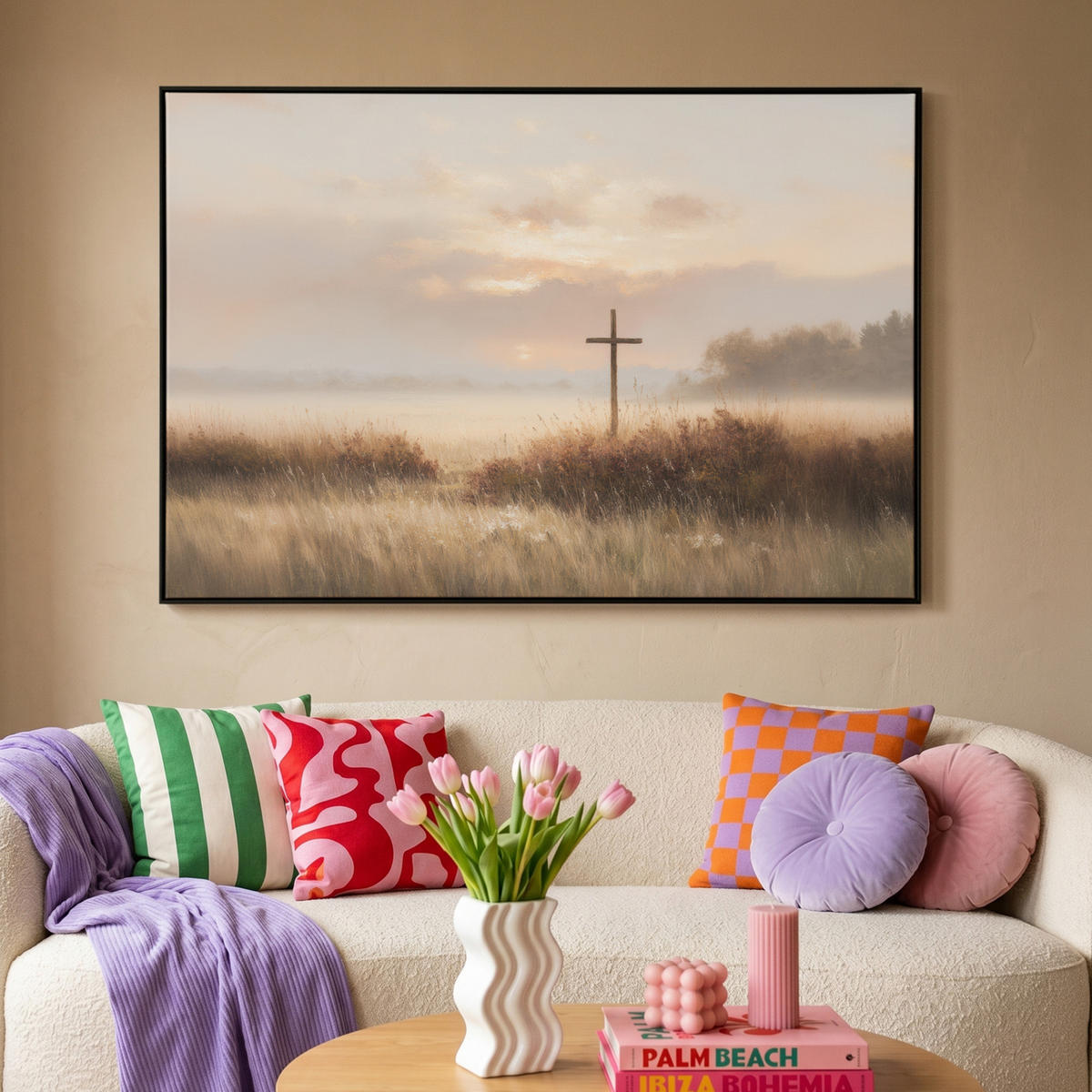 LEINWAND Bilder mit Rahmen - Gras - Morgennebel - Kreuz - Christentum - 140x90 - Beige, Textil (140/90cm) - MuchoWow