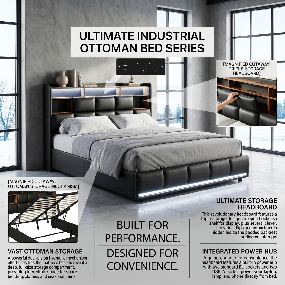POLSTERBETT Industrial 140/200 cm mit Bettkasten & Dual-LED Kunstleder Schwarz - Schwarz, Textil (140/200cm) - Creahappy