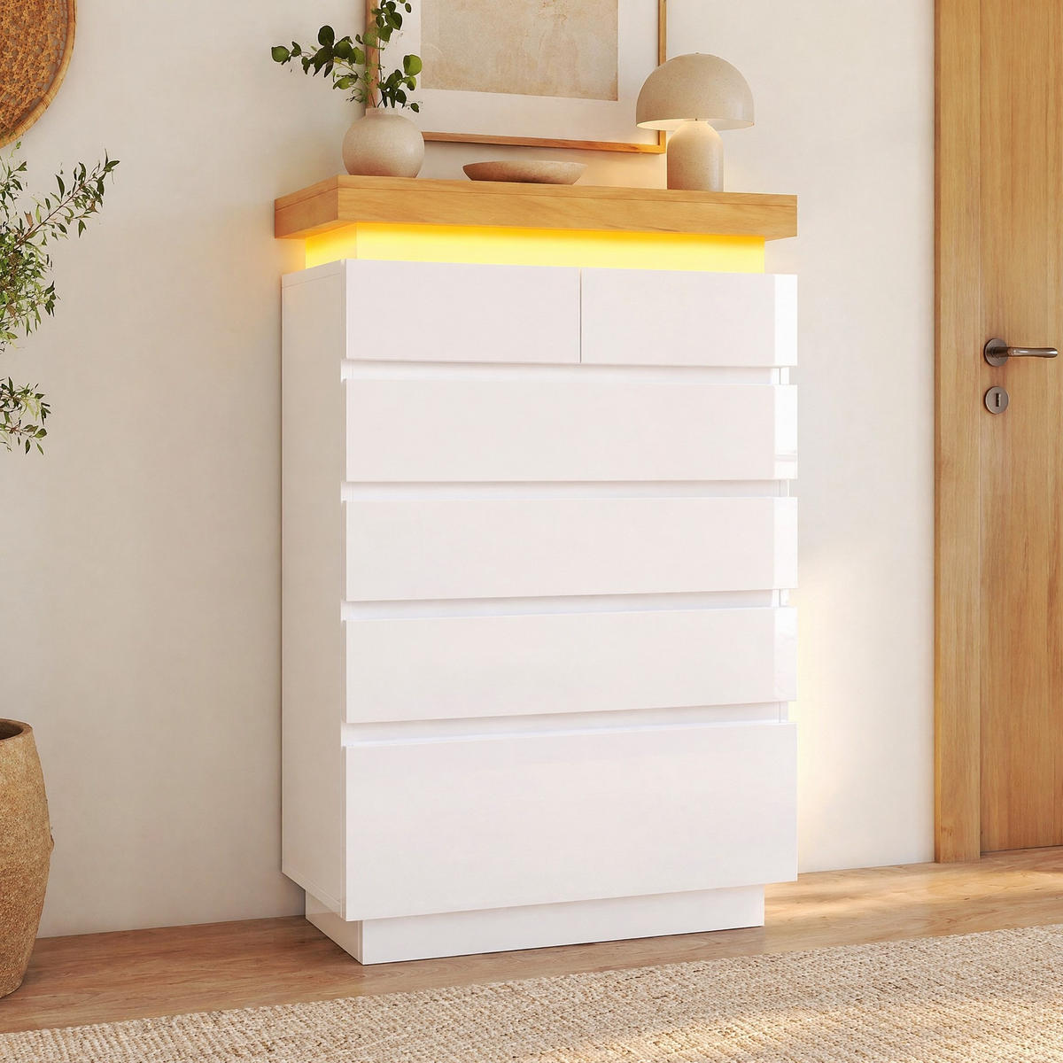 SIDEBOARD in Weiß Hochglanz Sideboard mit Schubladen und LED für Wohnzimmer und Schlafzimmer, B73/T39/H115 cm - Weiß, Holzwerkstoff (73/115/39cm) - STILVORA