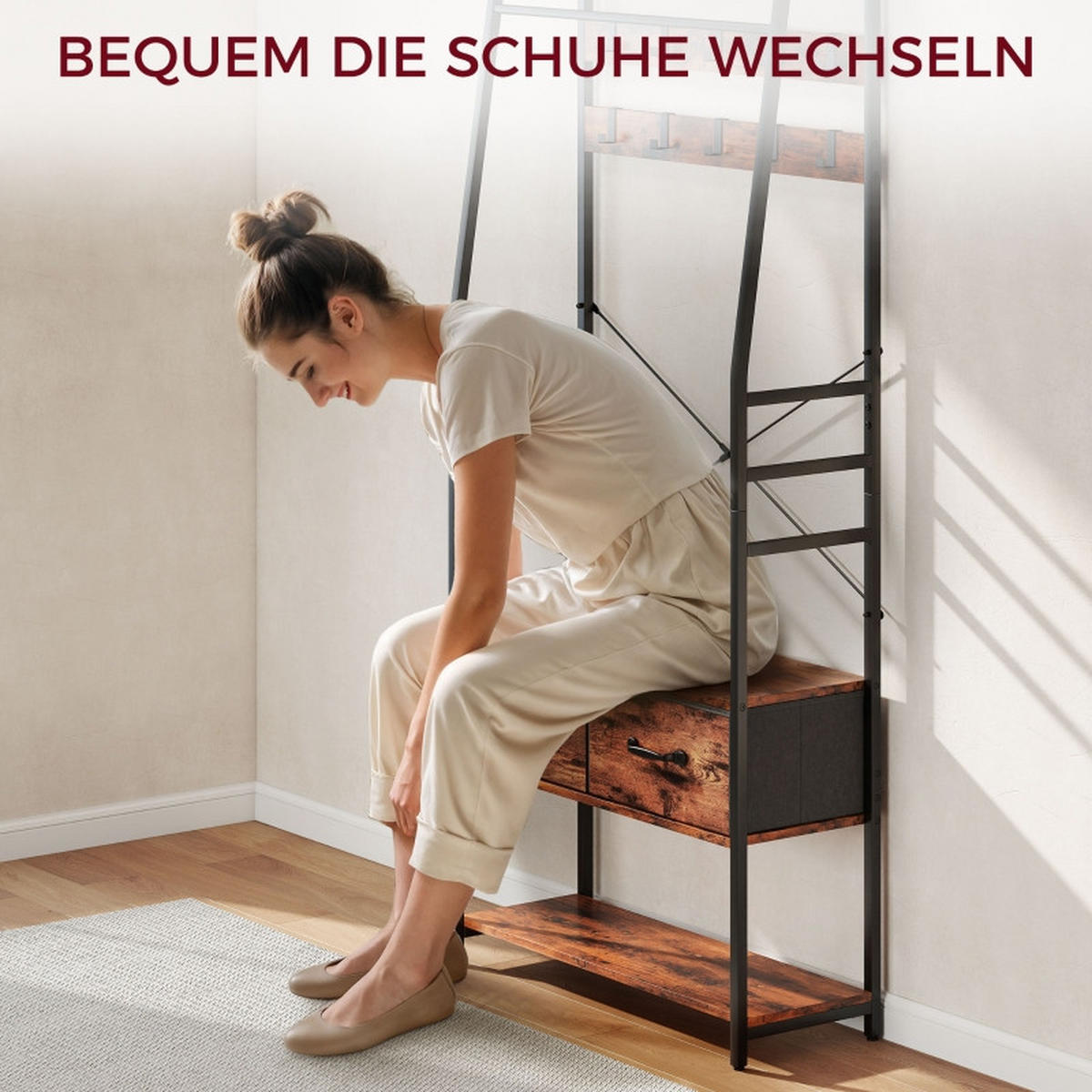 GARDEROBE 30/80/180 cm braun aus Holz und Metall mit Sitzbank und 10 Haken - Braun, Holz (80/180/30cm) - OKWISH