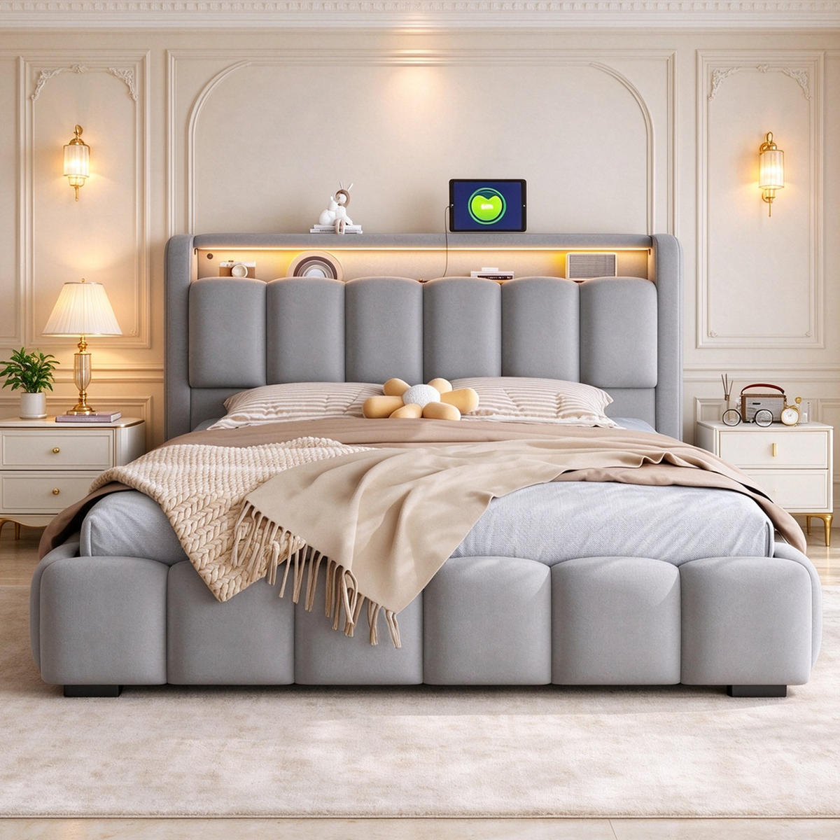POLSTERBETT 180/200 mit LED/USB, Kopfteil Stauraum, Samt, Grau - Grau, Holz (180/200cm) - LVHOM