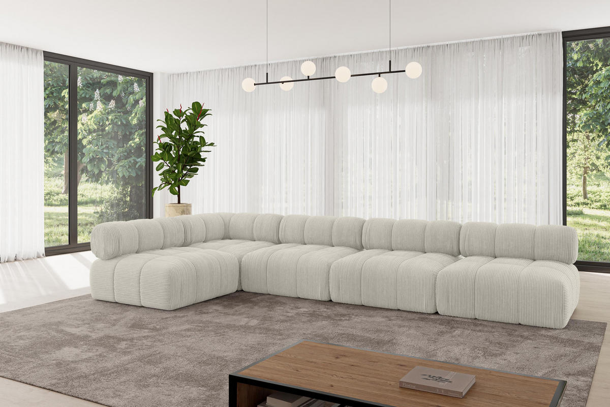 ECKSOFA modulares Sofa Samaro-L3 - 380x190x70 cm Creme Cord - Hellgrau/Creme, Holzwerkstoff/Textil (380/190cm) - ALTDECOR