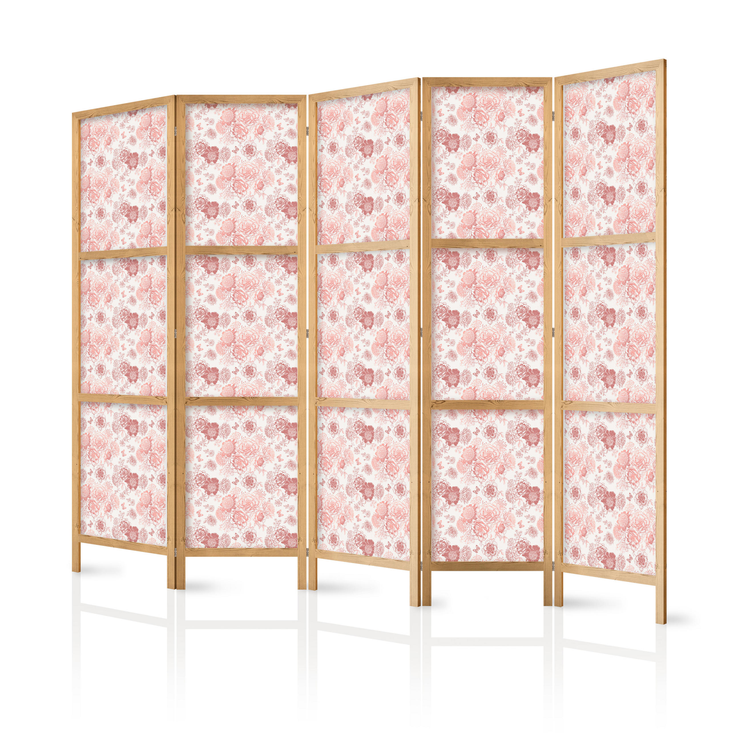 PARAVENT Japanischer 5-tlg 225x172 cm Rosa Blumen - Rosa, Holz/Textil (225/172/3cm) - Muralo