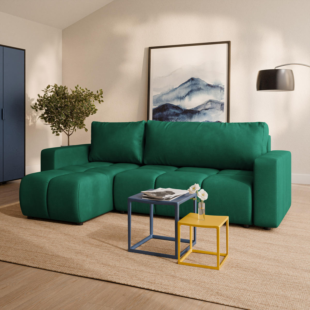 ECKSOFA RAMIL Grün Plüsch-Stoff mit Schlaffunktion - Grün, Holz (240/149cm) - MASSENO