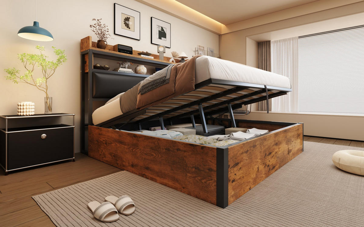 POLSTERBETT 180/200 cm Schwarz aus Metall, Holz und Stoff mit Stauraum und USB - Schwarz, Metall (180/200cm) - OKMYHOME