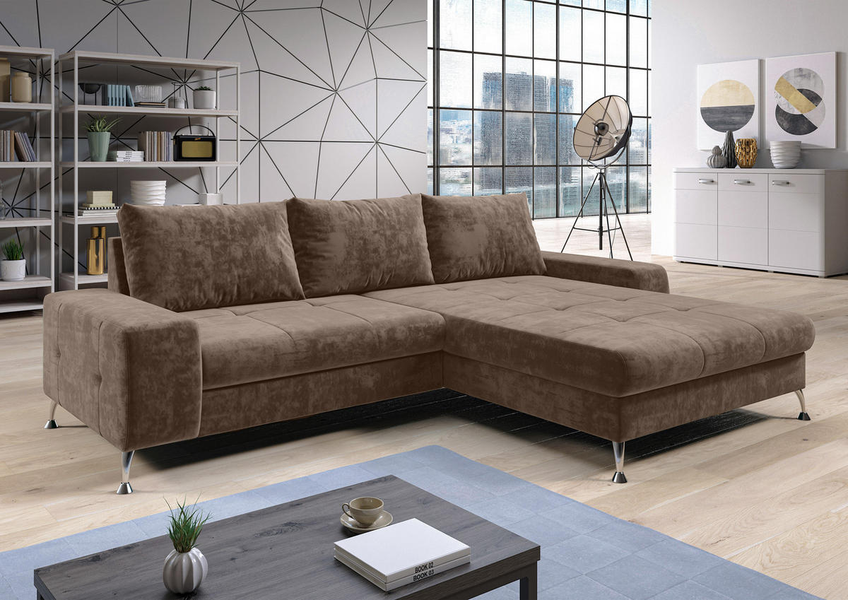 ECKSOFA L Form Artemia Hellbraun Samt 275/210/81 cm – modernes Sofa fürs Wohnzimmer R - Silberfarben/Hellgrau, Textil/Metall (275/210cm) - AX Living