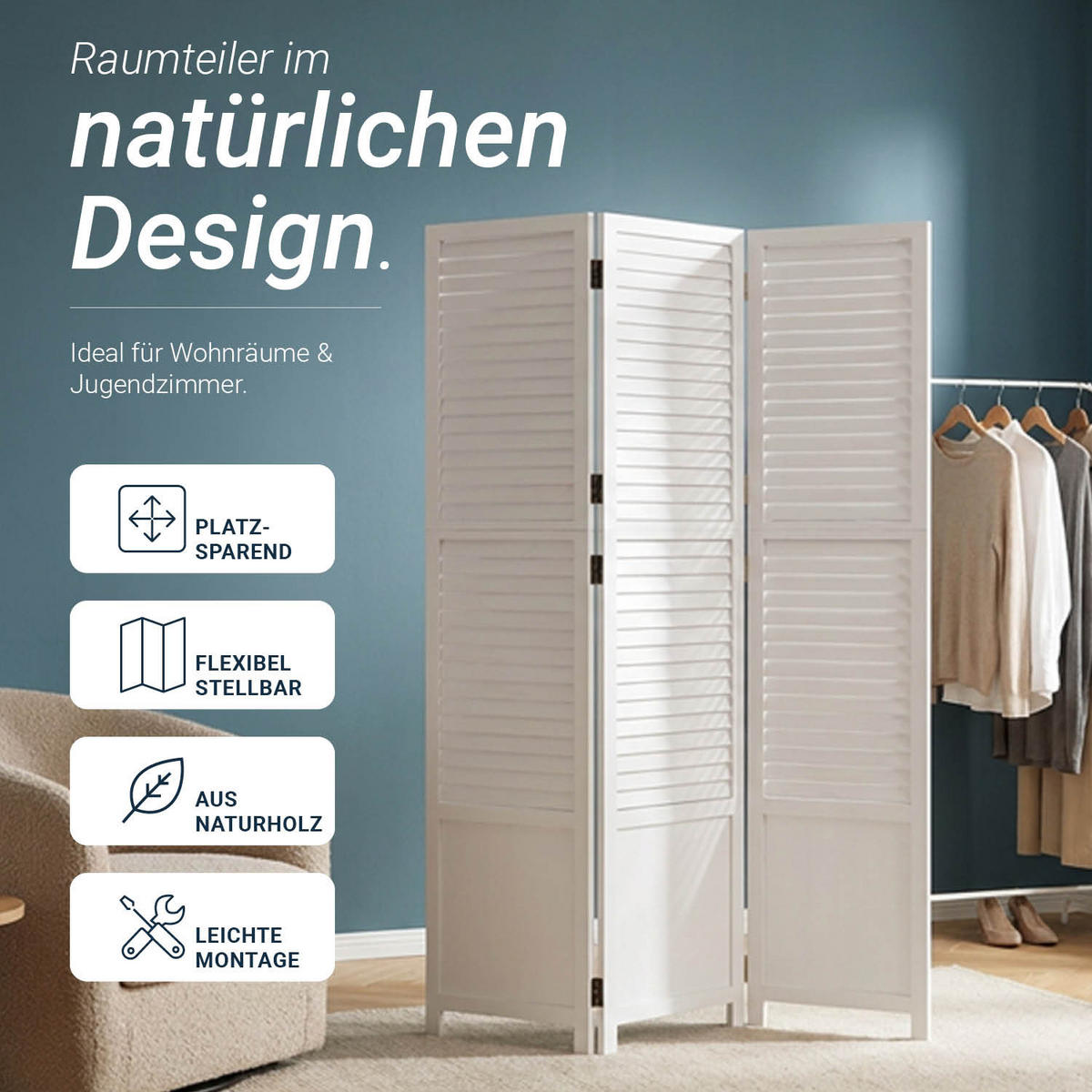 PARAVENT 3-tlg. 130/175 cm Weiß Holzlamellen - Weiß, Holz (129/175/2cm) - Homestyle4u
