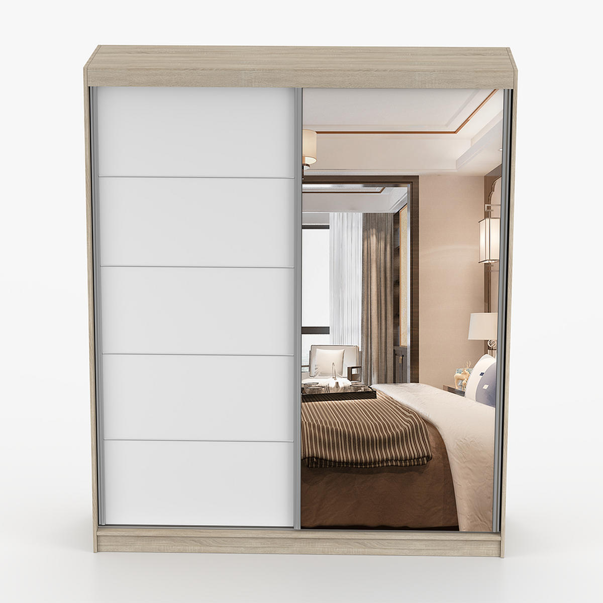 SCHWEBETÜRENSCHRANK 183/218/61 cm 2-türig Bella 03 Sonoma Eiche, Weiß - Alufarben/Weiß, Glas/Holzwerkstoff (183/218/61cm) - imoebel24