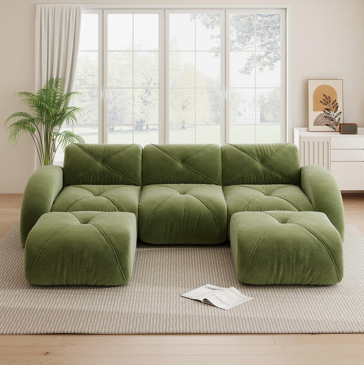 MODULSOFA U-Form 3-Sitzer Chenille Grün inkl. 2 Hocker - Grün, Kunststoff (171/76/281.1cm) - Meubliv