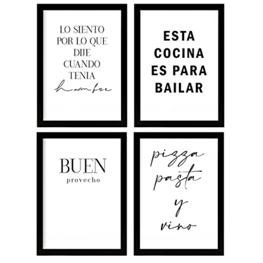 POSTER Set mit 4 Küche TypografieStil A4 Schwarzer Rahmen - Schwarz, Papier (29.7/3cm) - Nacnic