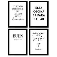 POSTER Set mit 4 Küche TypografieStil A4 Schwarzer Rahmen - Schwarz, Papier (29.7/3cm) - Nacnic