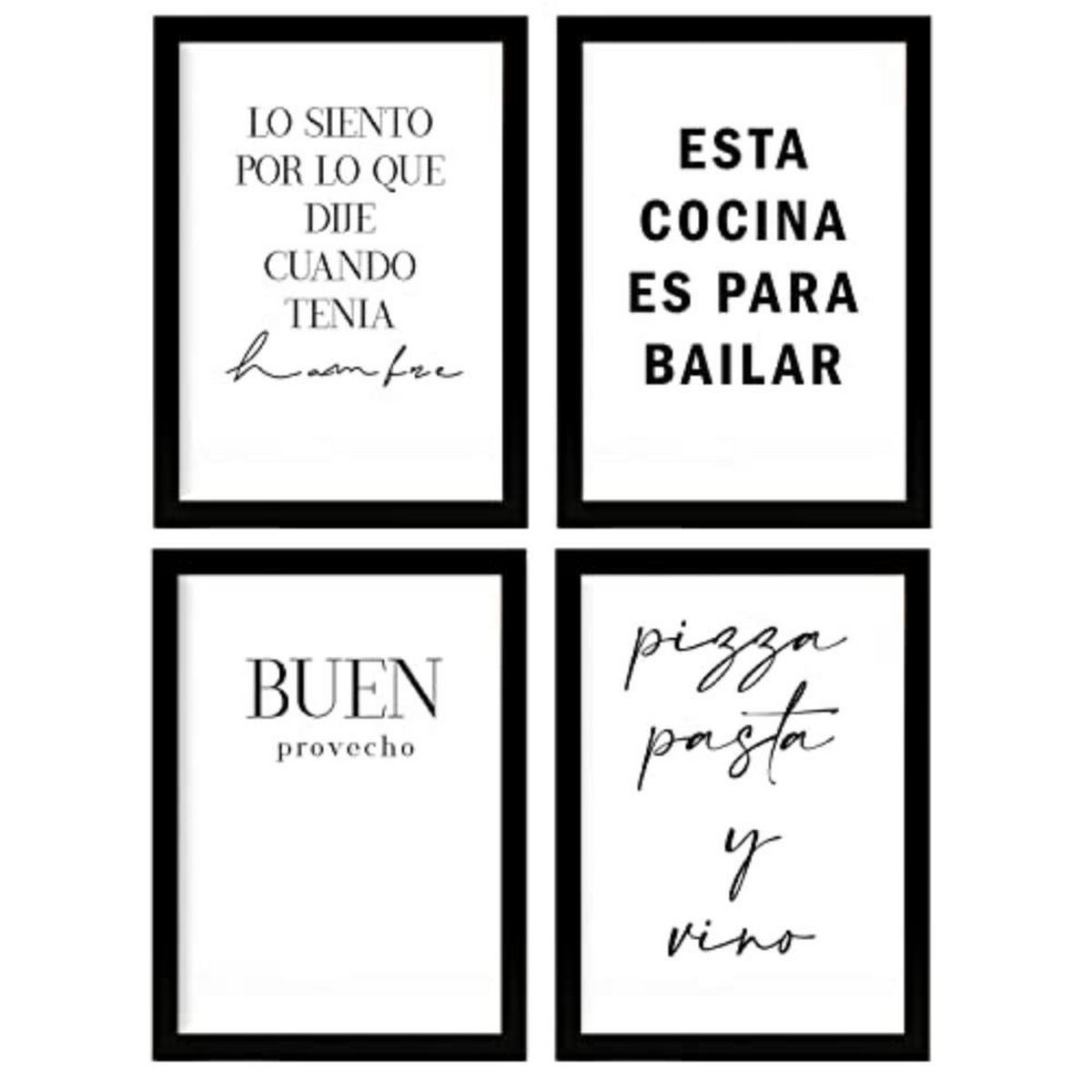 POSTER Set mit 4 Küche TypografieStil A4 Schwarzer Rahmen - Schwarz, Papier (29.7/3cm) - Nacnic