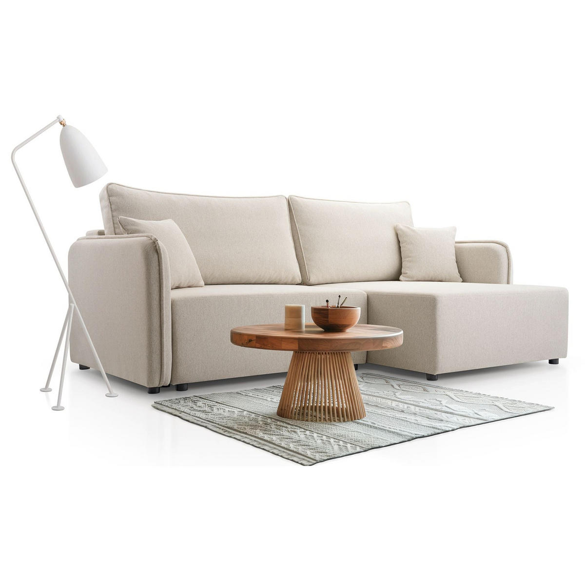 ECKSOFA Kassian, Hellbeige Strukturstoff, rechtsseitig - Ecru/Schwarz, Kunststoff/Textil (147/227cm) - Selsey