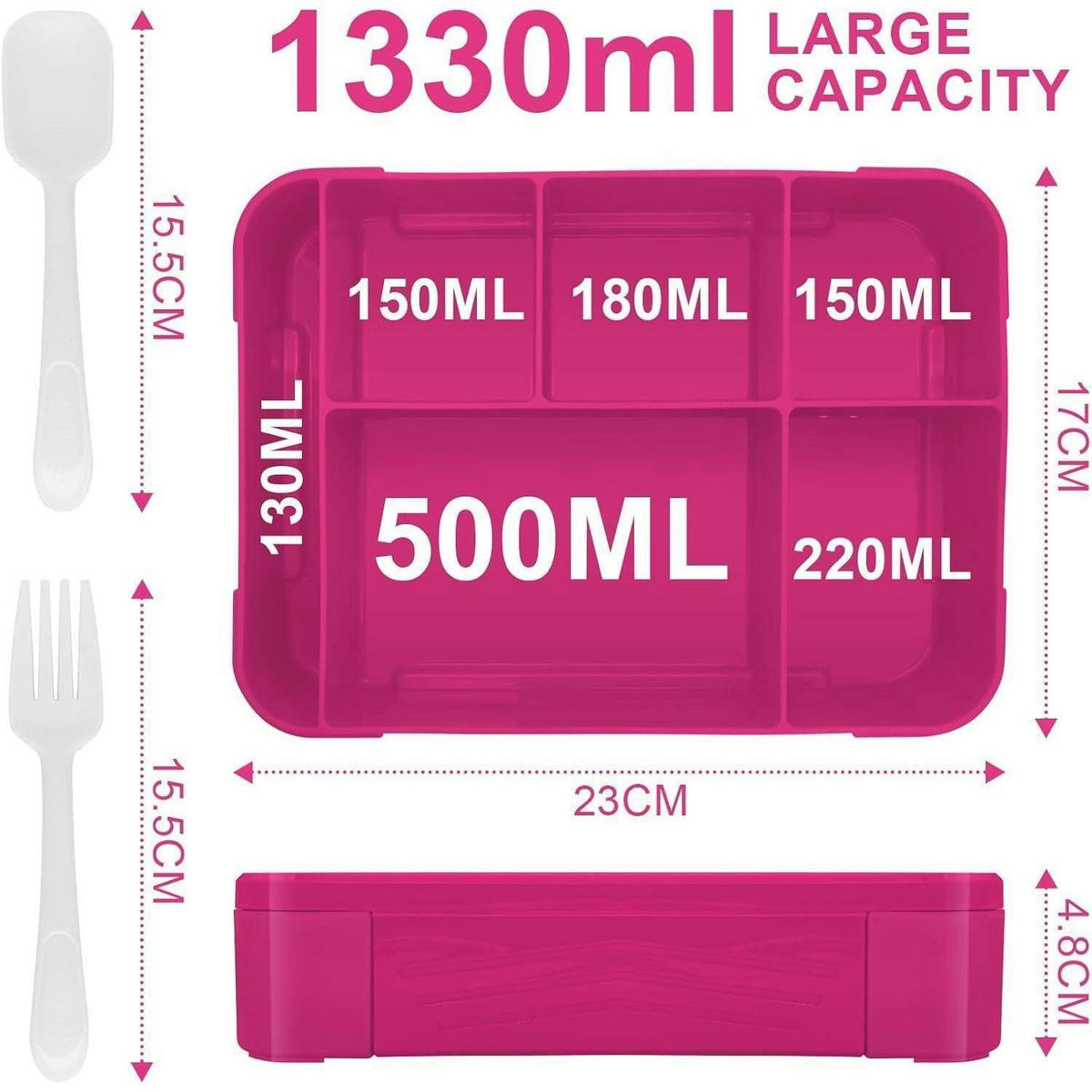 BROTDOSE Kinder mit 5 Fächern 1300ml Auslaufsicher Rosa - Pink, Kunststoff (17/4.8/23cm)