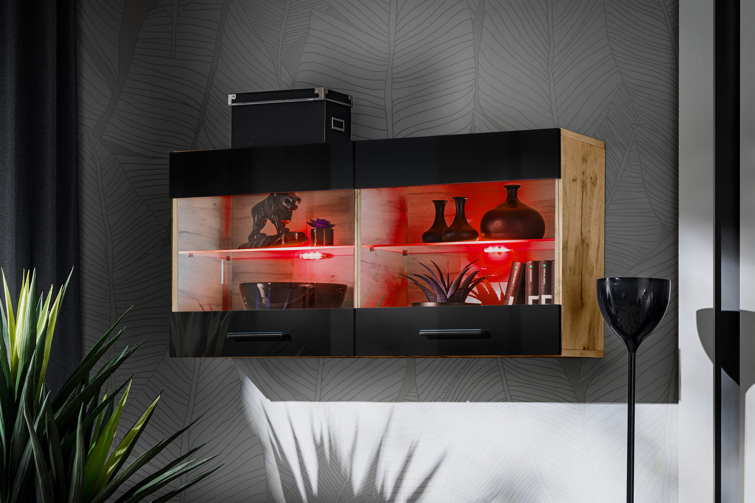 HÄNGEVITRINE SAVONA, Schwarz, LED Mehrfarbige - Eiche Wotan/Schwarz, Glas/Holzwerkstoff (100/50/27.2cm) - Komodee