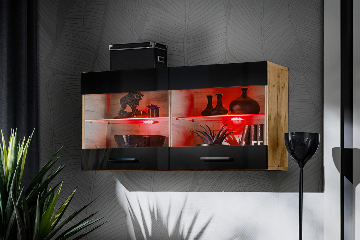 HÄNGEVITRINE SAVONA, Schwarz, LED Mehrfarbige - Eiche Wotan/Schwarz, Glas/Holzwerkstoff (100/50/27.2cm) - Komodee