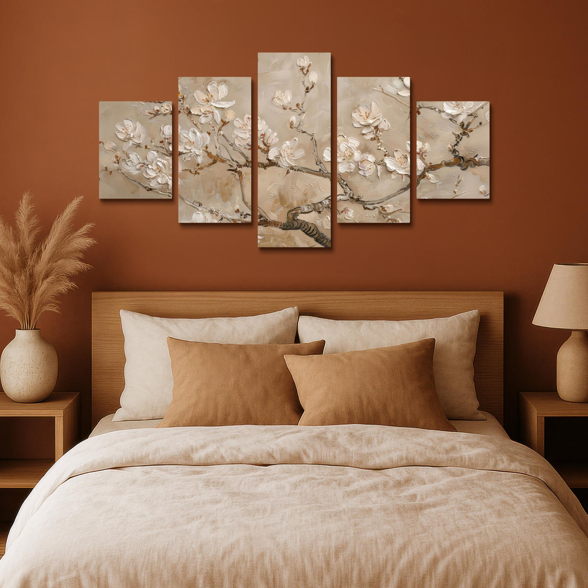 LEINWANDBILD 5er Set Beige - Blüte - Modern 150x80 cm - Greige, Textil (150/80cm) - MuchoWow