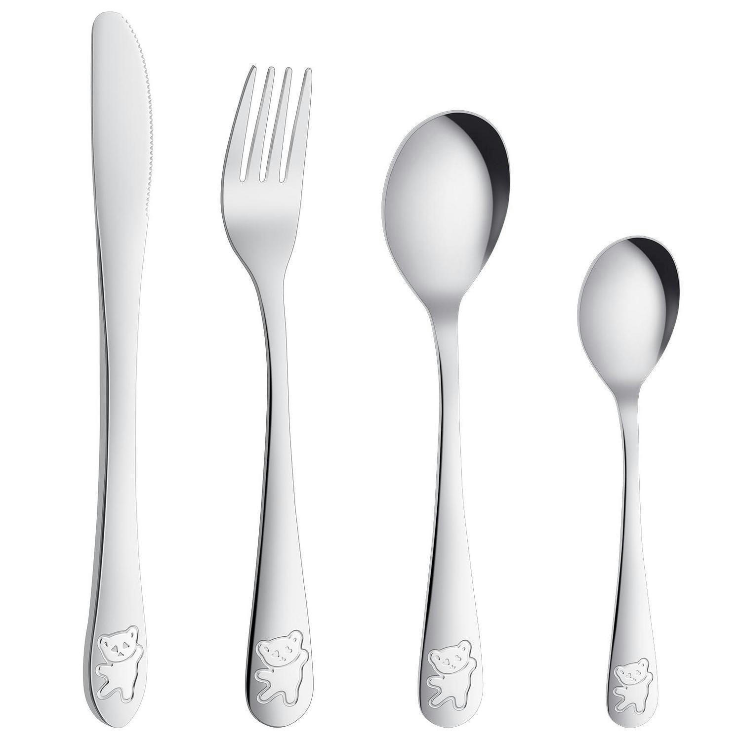 KINDERBESTECK 4-teiliges Set Edelstahl mit Bärenmotiv, graviert - Silberfarben, Metall