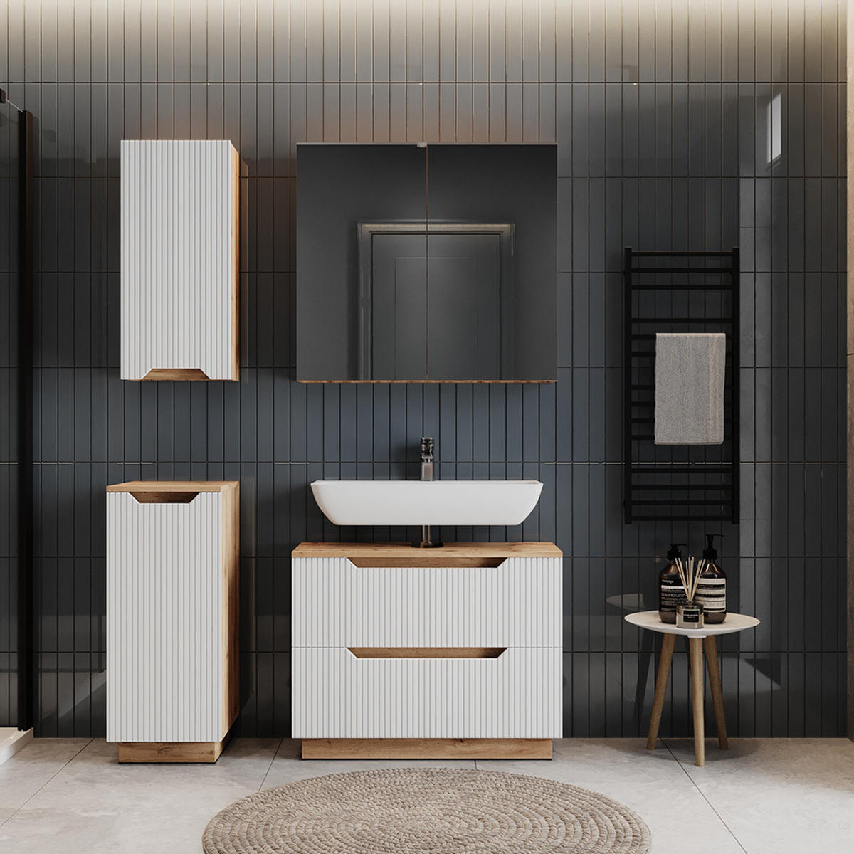 BADMÖBEL-SET Lotta Eiche/weiß gestreift 4 Teile - Eichefarben/Weiß, Holzwerkstoff (79.6/62.5/32cm) - Vicco