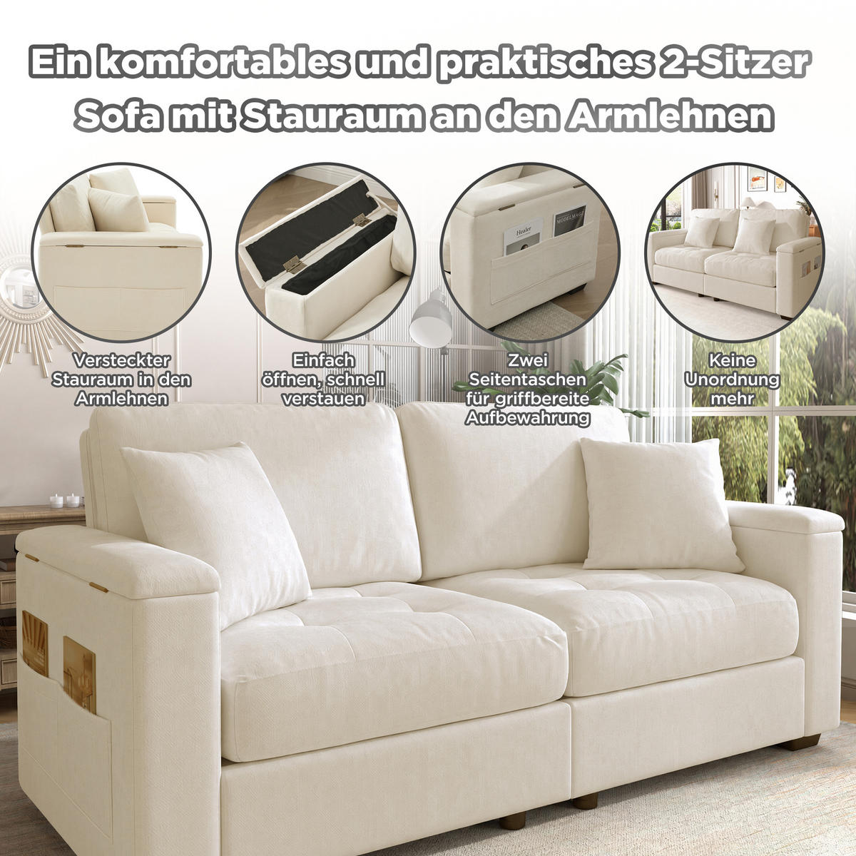 2-SITZER-SOFA DE-35382 mit Stauraum Beige - Beige, Holzwerkstoff (81.5/84/180cm) - ComfortXL