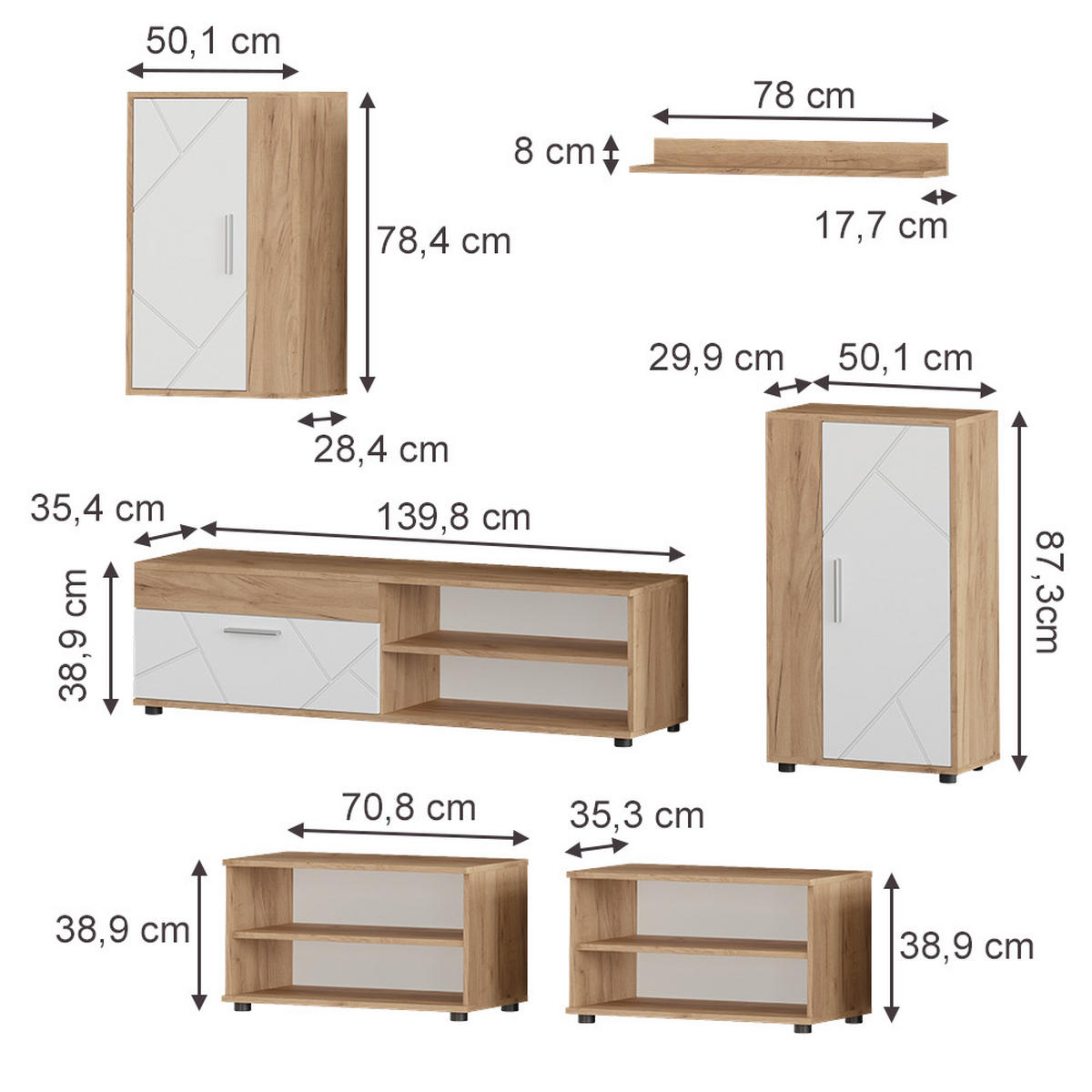 NÁSTENNÁ SKRINKA Berno, Dub Goldkraft/biely, 6-dielna sada - biela/dub medový, kompozitné drevo (140/38.7/35.2cm) - Vicco