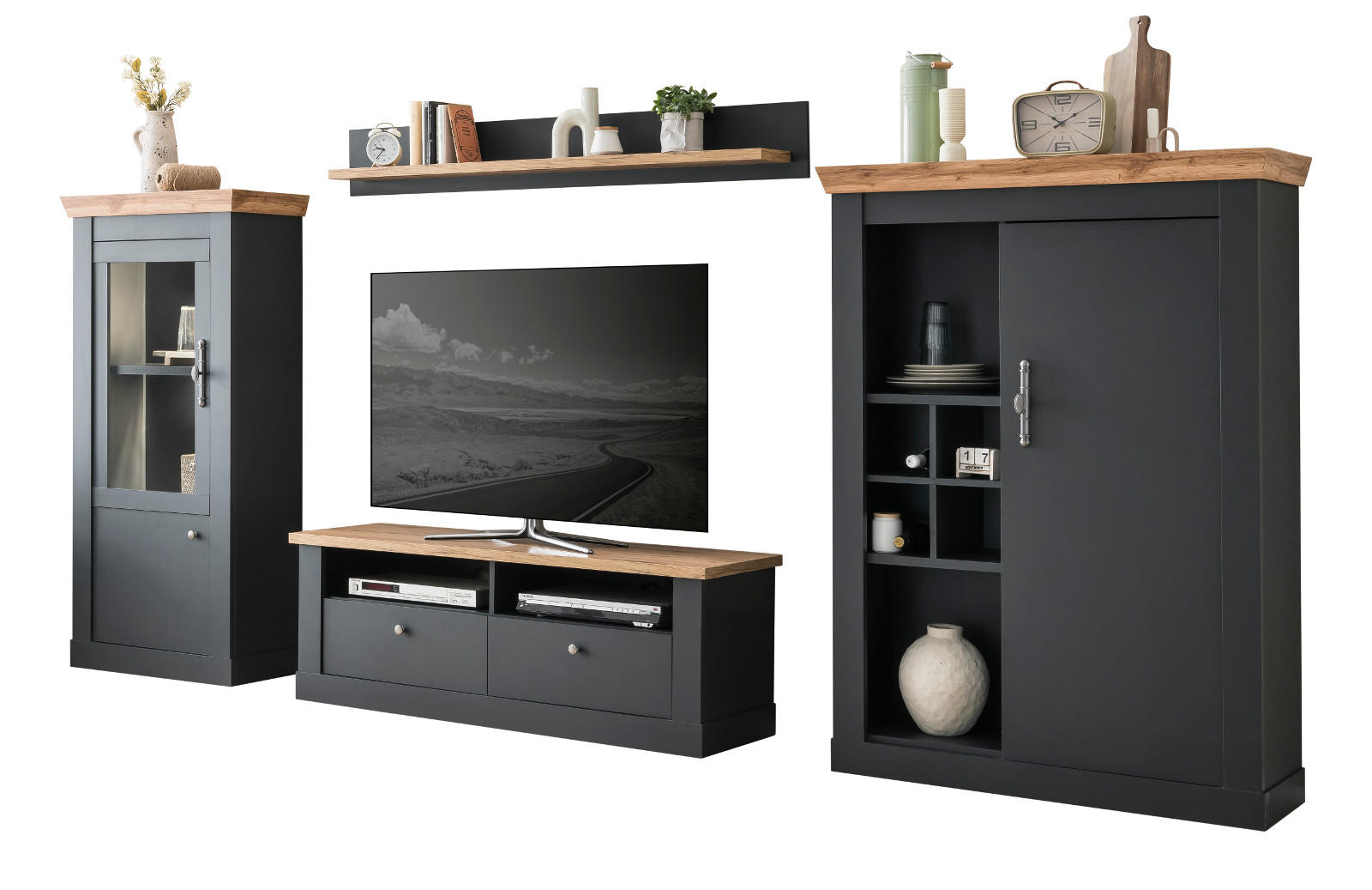 WOHNWAND 4-teilig grau, Eiche Wotan, Landhaus 349 x 170 cm, Wohnkombination mit Soft-Close - Silberfarben/Eiche Wotan, Glas/Holzwerkstoff (349/170/45cm) - Furn.Design