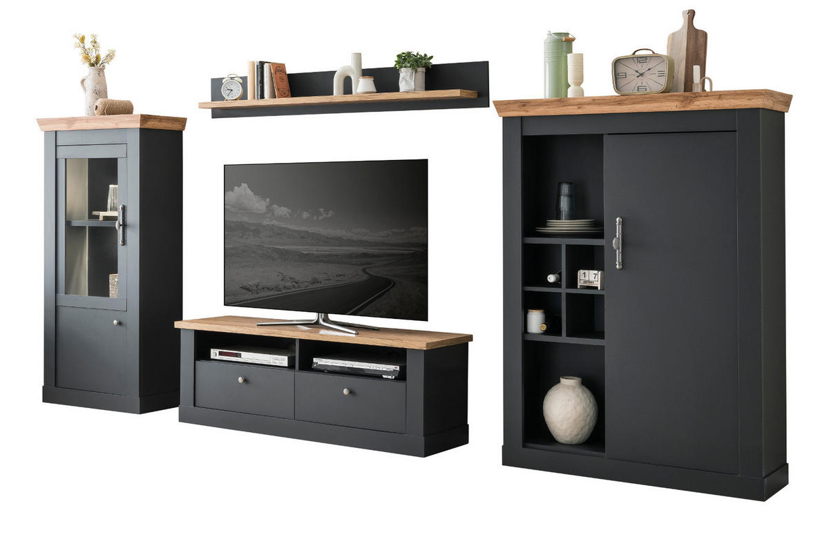 WOHNWAND 4-teilig grau, Eiche Wotan, Landhaus 349 x 170 cm, Wohnkombination mit Soft-Close - Silberfarben/Eiche Wotan, Glas/Holzwerkstoff (349/170/45cm) - Furn.Design