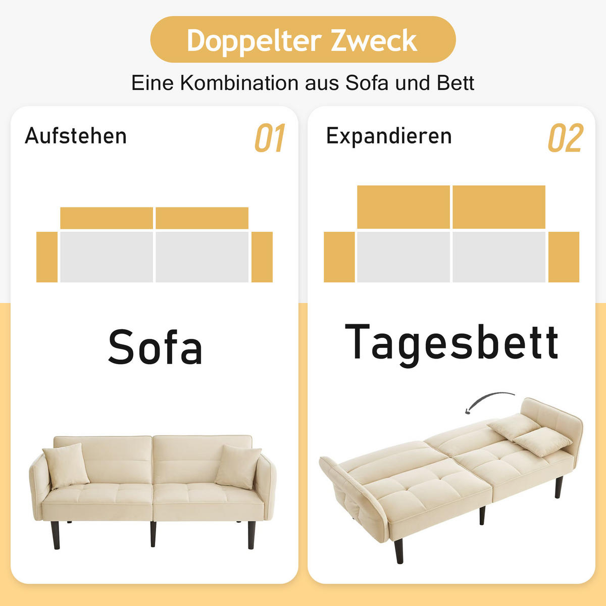 SCHLAFSOFA 2-Sitzer Samtbezug mit verstellbaren Rückenlehnen und klappbaren Armlehnen Beige 176/78/76 cm - Beige, Textil (78/76/176cm) - Redom