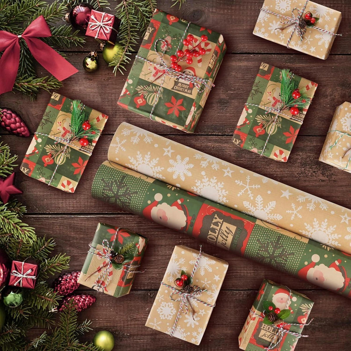 GESCHENKPAPIER 2-teiliges Set 43 cm x 15 m Weihnachten Kraftpapier - Multicolor, Papier (8/4/43cm)