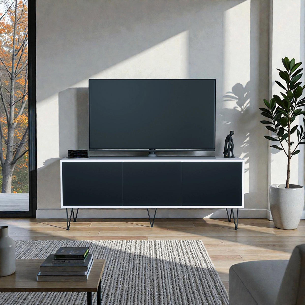 TV-BOARD Elisa, Lowboard mit Push-to-Open, Made in Germany, Moderner Fernsehschrank, Weiß matt/Schwarz matt (152,5 x 60,5 x 37 cm) - Schwarz, Holzwerkstoff (152.5/60.5/37cm) - InnoFurn