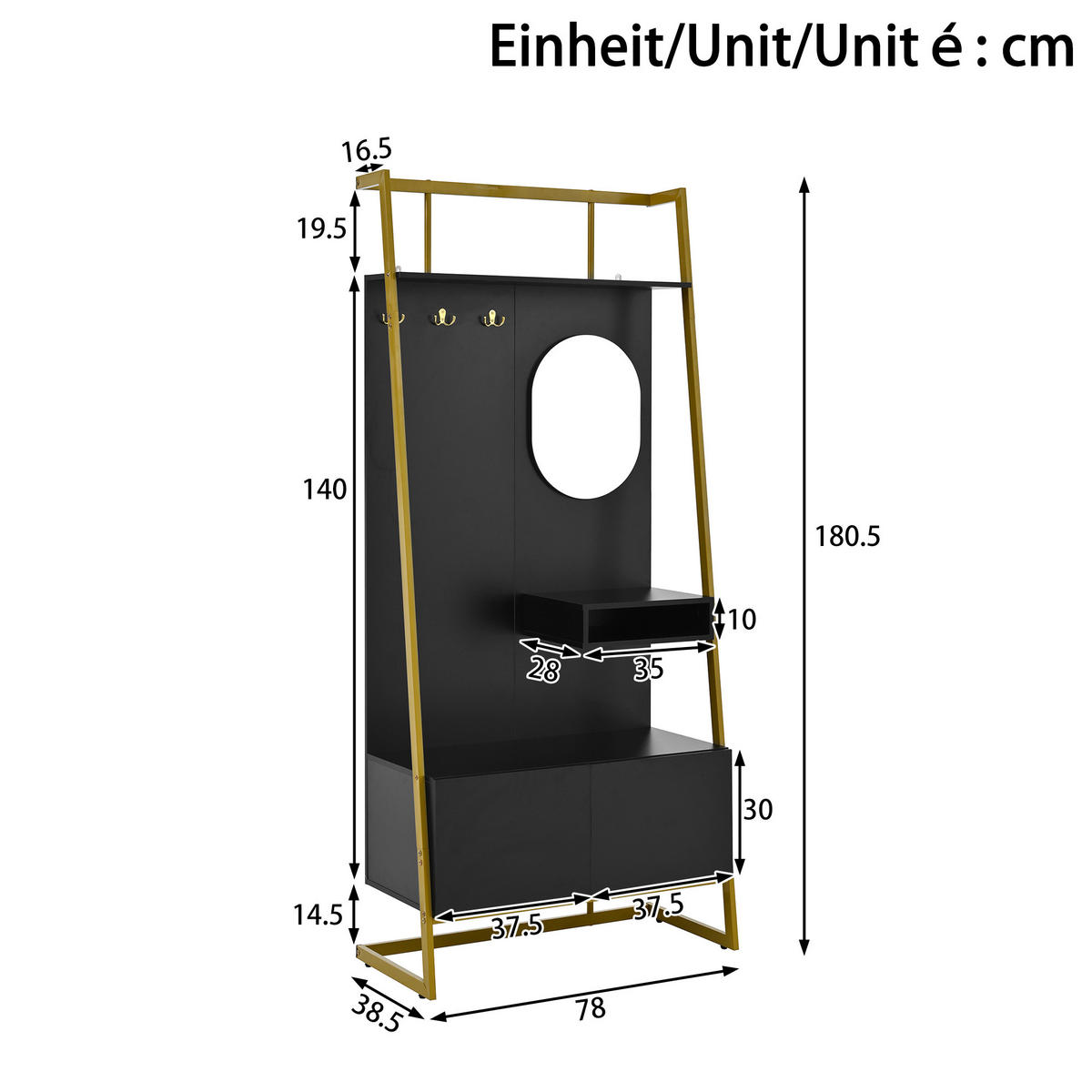 GARDEROBE-SET in Schwarz und Gold Flurgarderobe mit Spiegel und Schuhbank für Flur, B78/T38.5/H180.5 cm - Goldfarben/Schwarz, Glas/Holzwerkstoff (78/180.5/38.5cm) - STILVORA