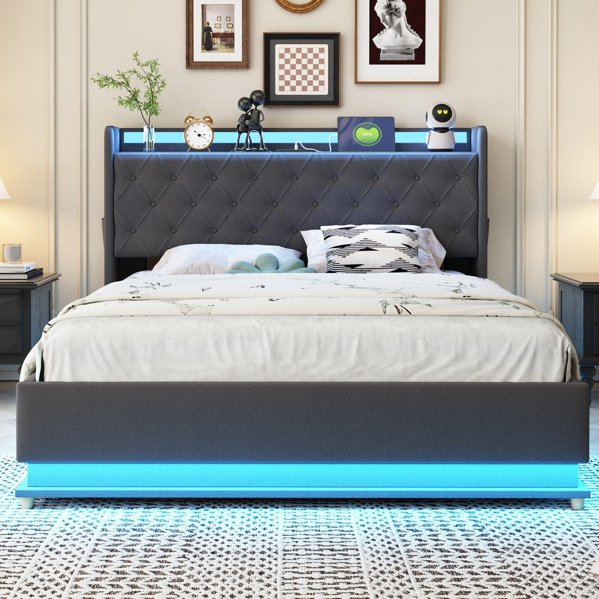 POLSTERBETT mit LED-Beleuchtung 140/200 cm mit USB-Anschluss und Bettkasten - Grau, Textil (140/200cm) - BEAOK