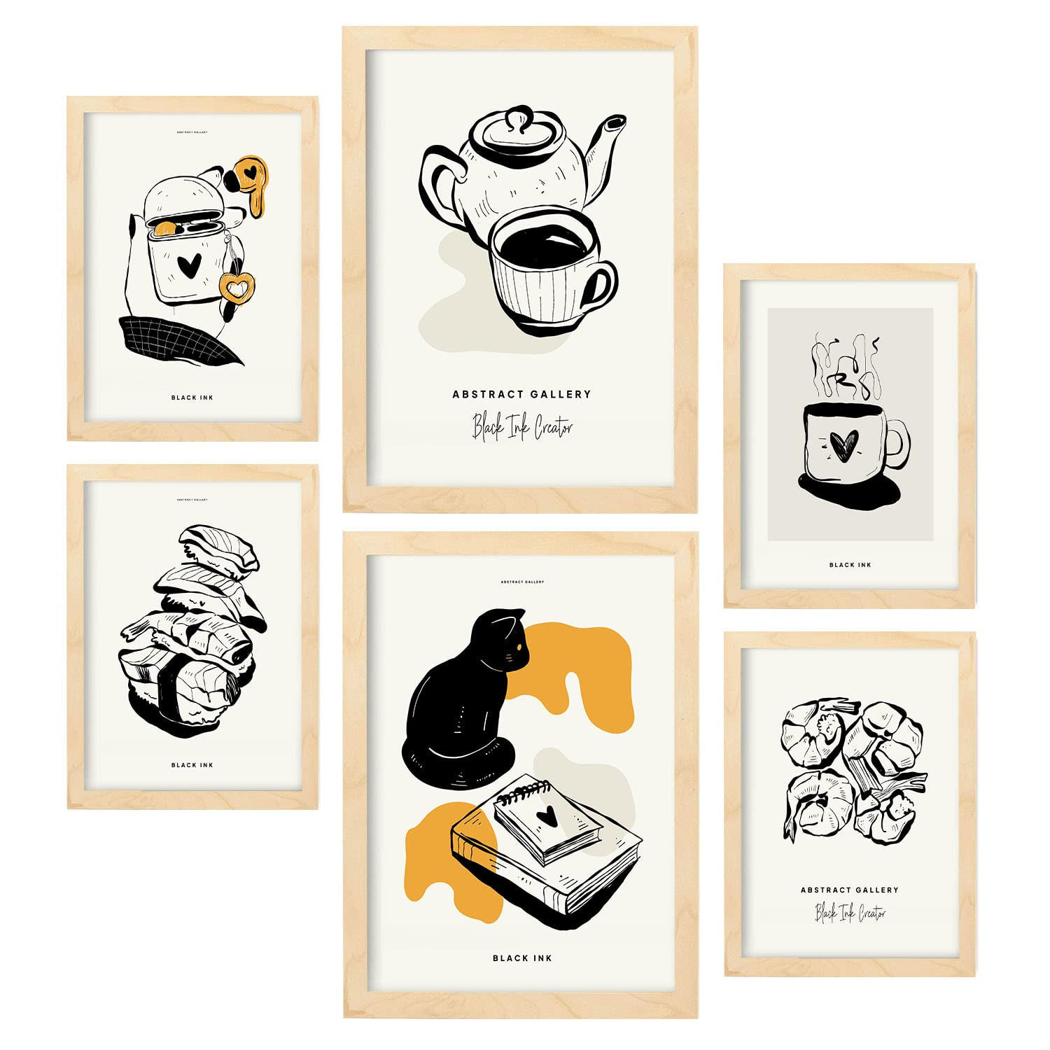 POSTER Set Mit 6 In Schwarzer Tinte Ruhetag Künstlerische Und Abstrakte Drucke Für Innenarchitektur A3 & A4 Rahmen Aus Hellem Holz - Beige, Papier (29/3cm) - Nacnic