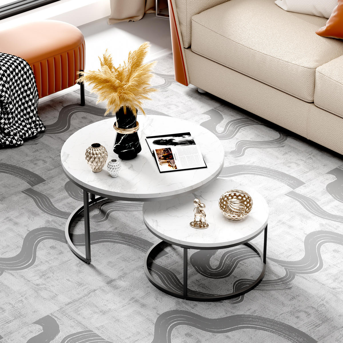 COUCHTISCH-SET mit Marmoreffekt und Metallrahmen Basis, Stapelbarer Beistelltisch Set 80/80/45 cm + 60/60/33,5 cm, Weiß und Schwarz - Weiß, Holzwerkstoff (80/80/45cm) - Redom