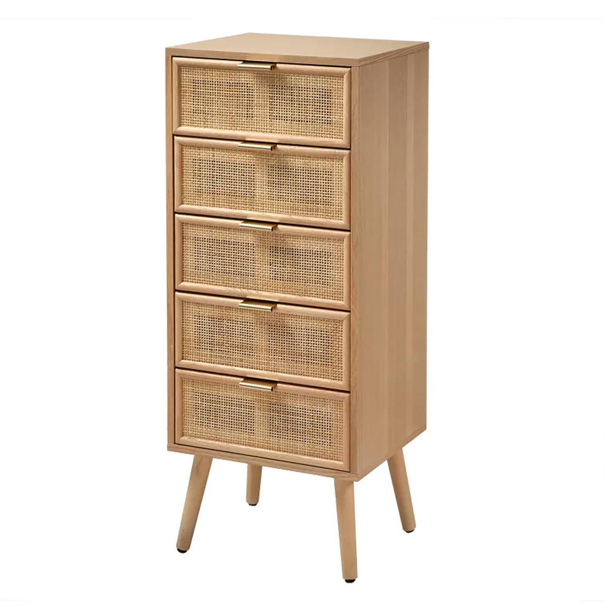 KOMMODE mit 5 Schubladen und Fronten aus natürlichem Rattan - H100,5 cm - Eschefarben, Holzwerkstoff (42/100.5/41cm) - Calicosy