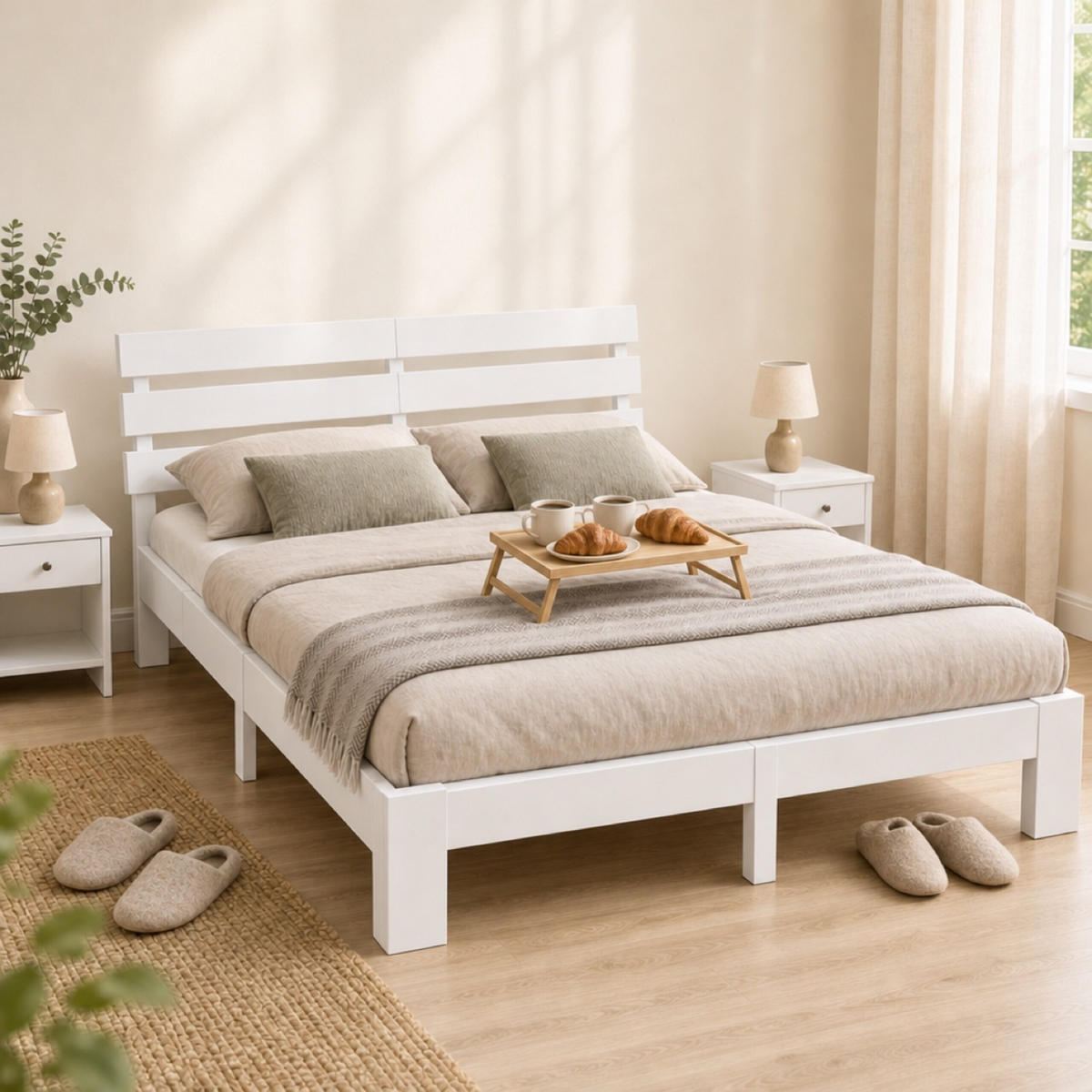 BETT Weiß Massivholz mit Lattenrost 140x200 cm - Weiß, Holz - Relaxdays