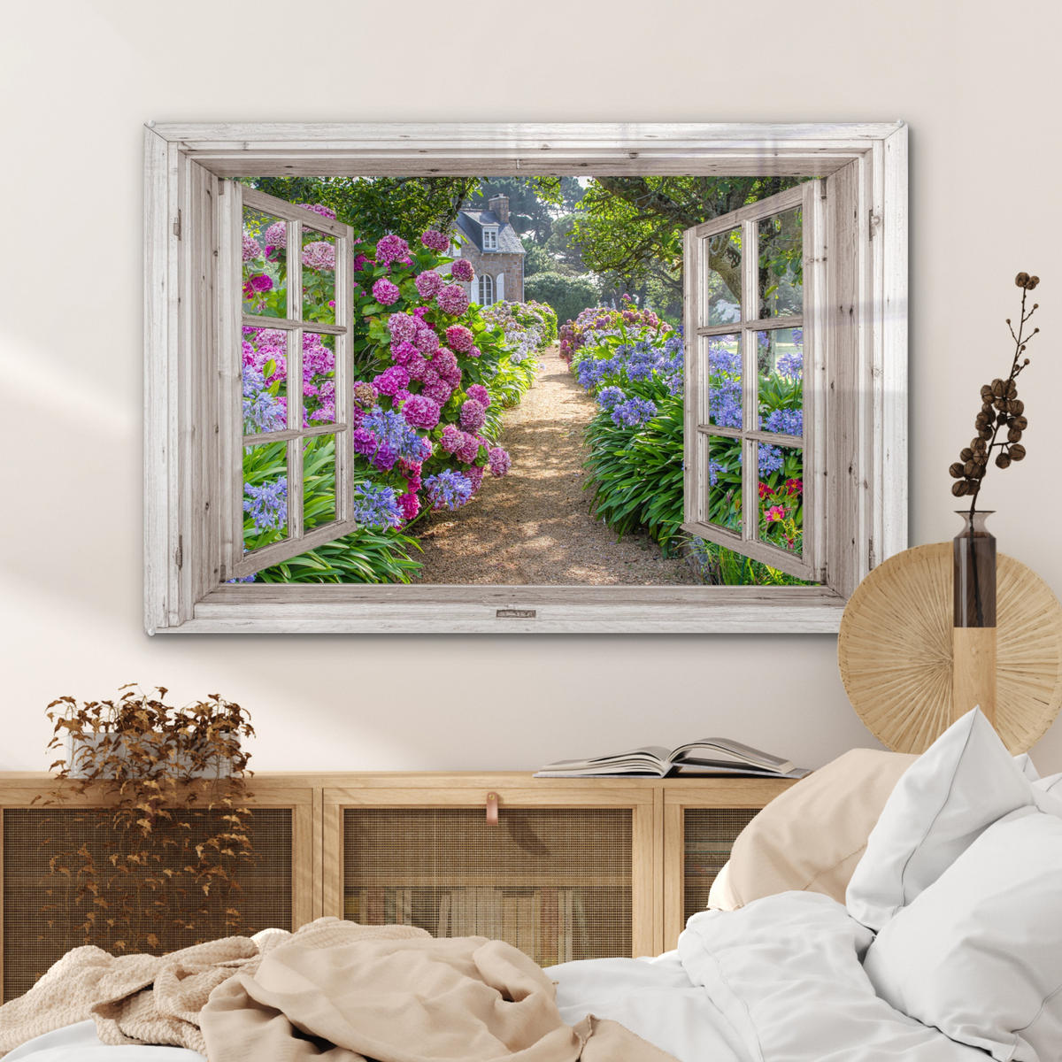 ACRYLGLASBILD Hortensie - Fensterblick - Blumen - Sommer - Lila - Weg 90x60 cm - Lila, Glas (90/60cm) - MuchoWow