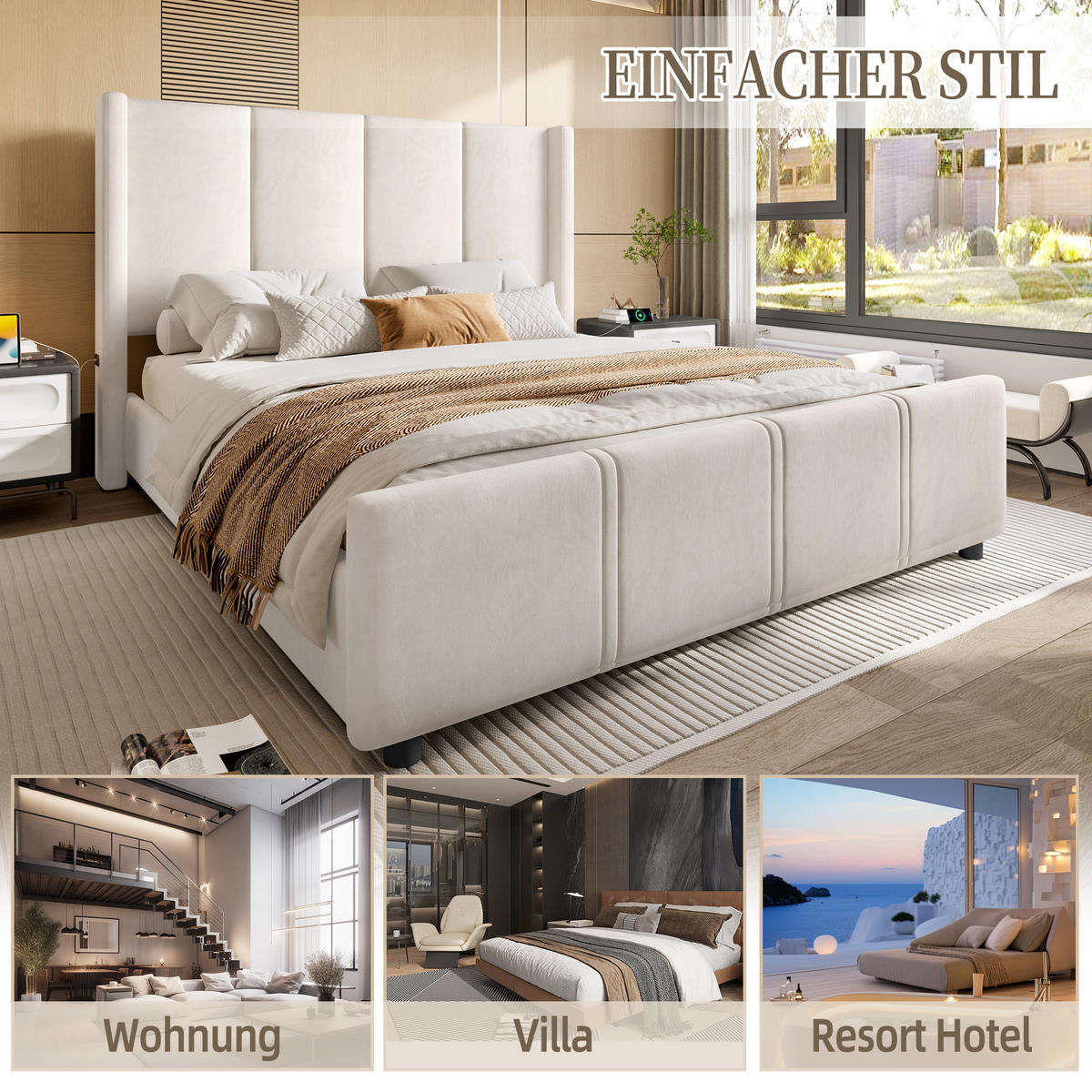 POLSTERBETT 140x200 cm USB beige - Beige, Textil (140/200cm) - LEBENLANG