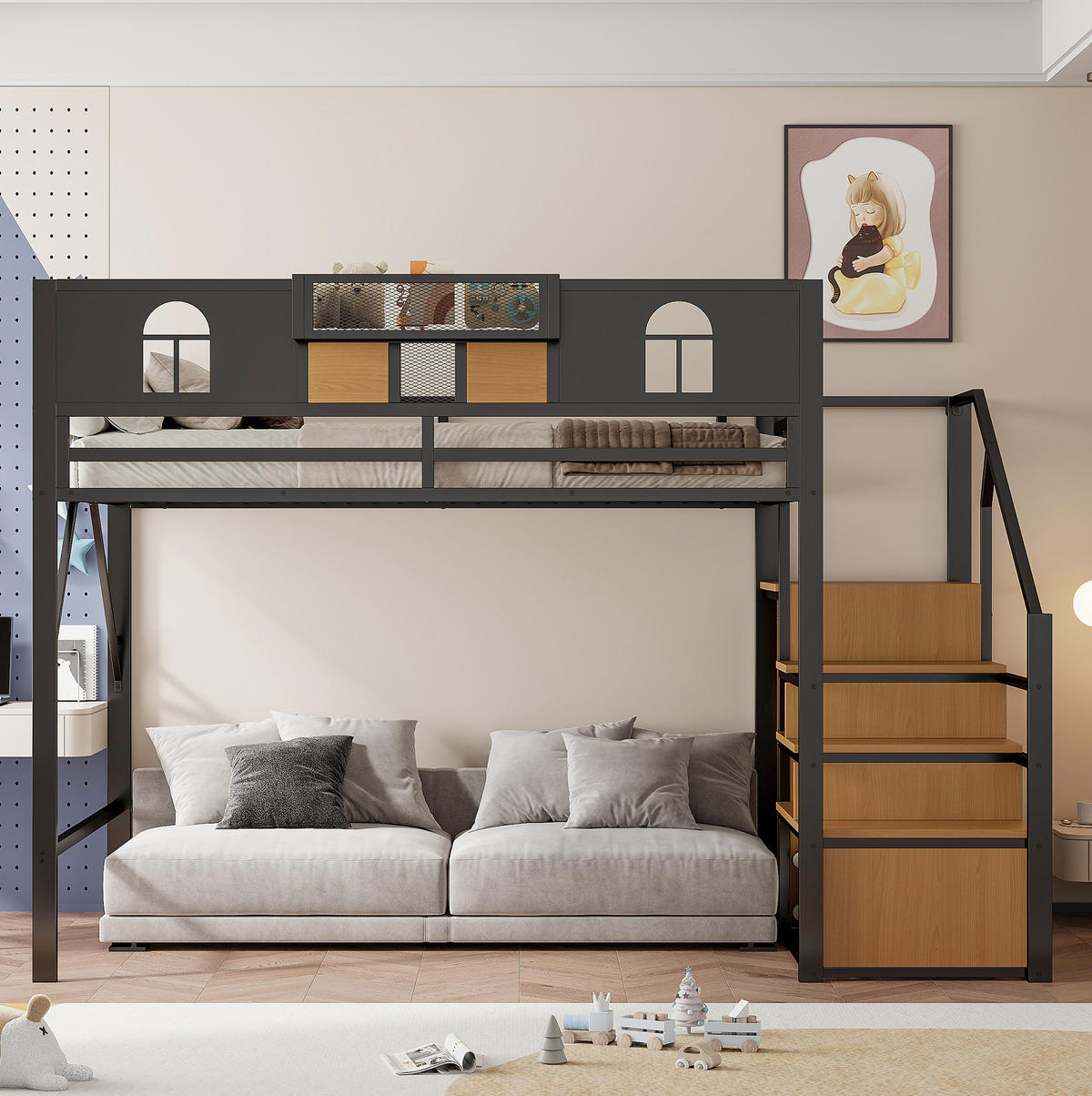 HOCHBETT 140/200 cm aus Metall in Schwarz – mit Stauraumleiter und Rausfallschutz - Schwarz, Metall (140/200cm) - BEAOK