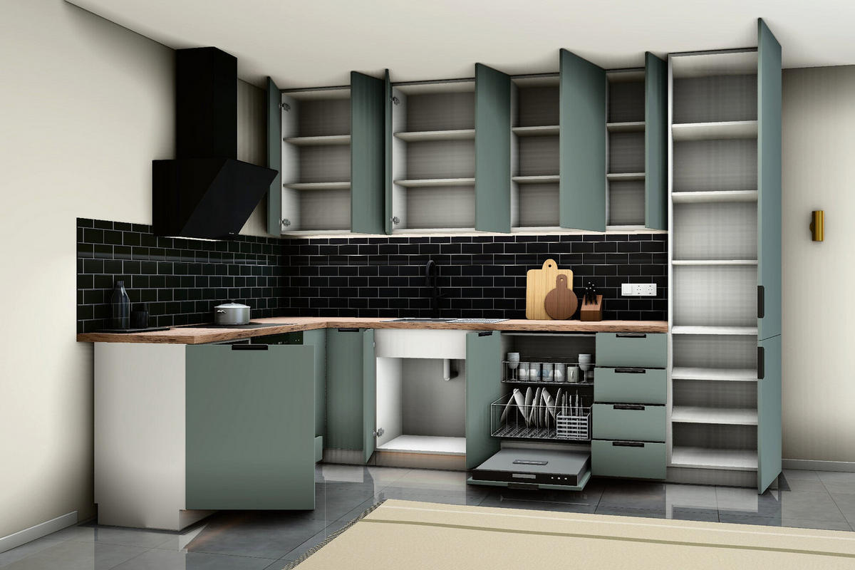 L-KÜCHE Sorento Weiß & Grün – 330 × 210 cm – K52-G330 - Schwarz/Weiß, Holzwerkstoff/Metall (330/247/210cm) - ROYAL24_MARKT
