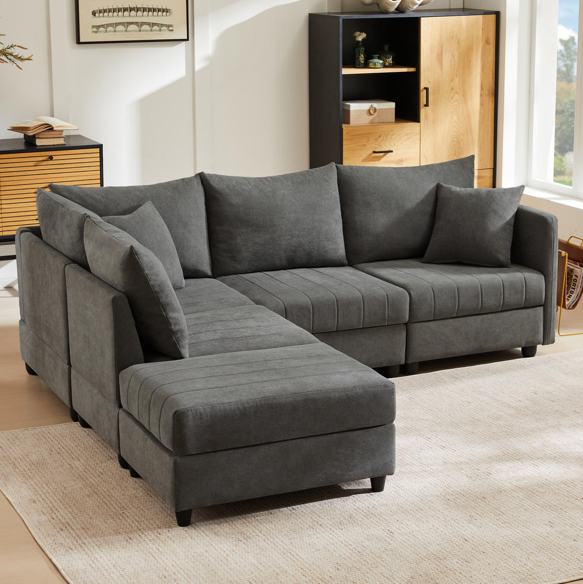 ECKSOFA 220/194/85 cm grau aus Baumwoll-Leinenstoff mit beweglichem Hocker - Grau, Textil (194/220cm) - OKWISH