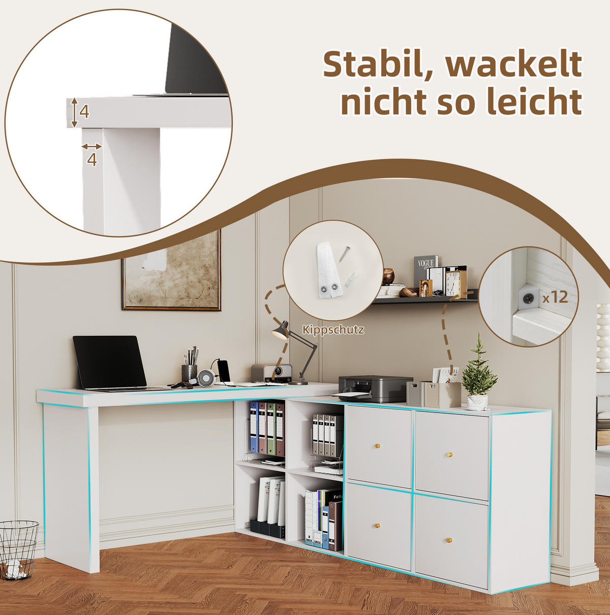 SCHREIBTISCH drehbar L-Form oder gerade MDF Weiß mit 8 Fächern - Weiß, Holz (140/120/78cm) - Meubliv