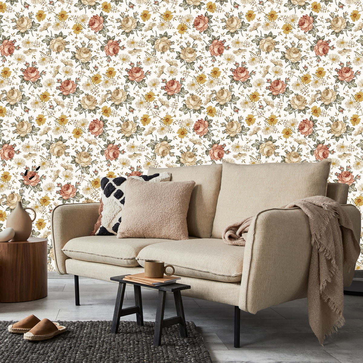 VLIESTAPETE Rosen und Kamillenblüten – Rosa, Gelb, Weiß – 50x1000 cm - Gelb/Rosa, Papier (50/1000cm) - Muralo