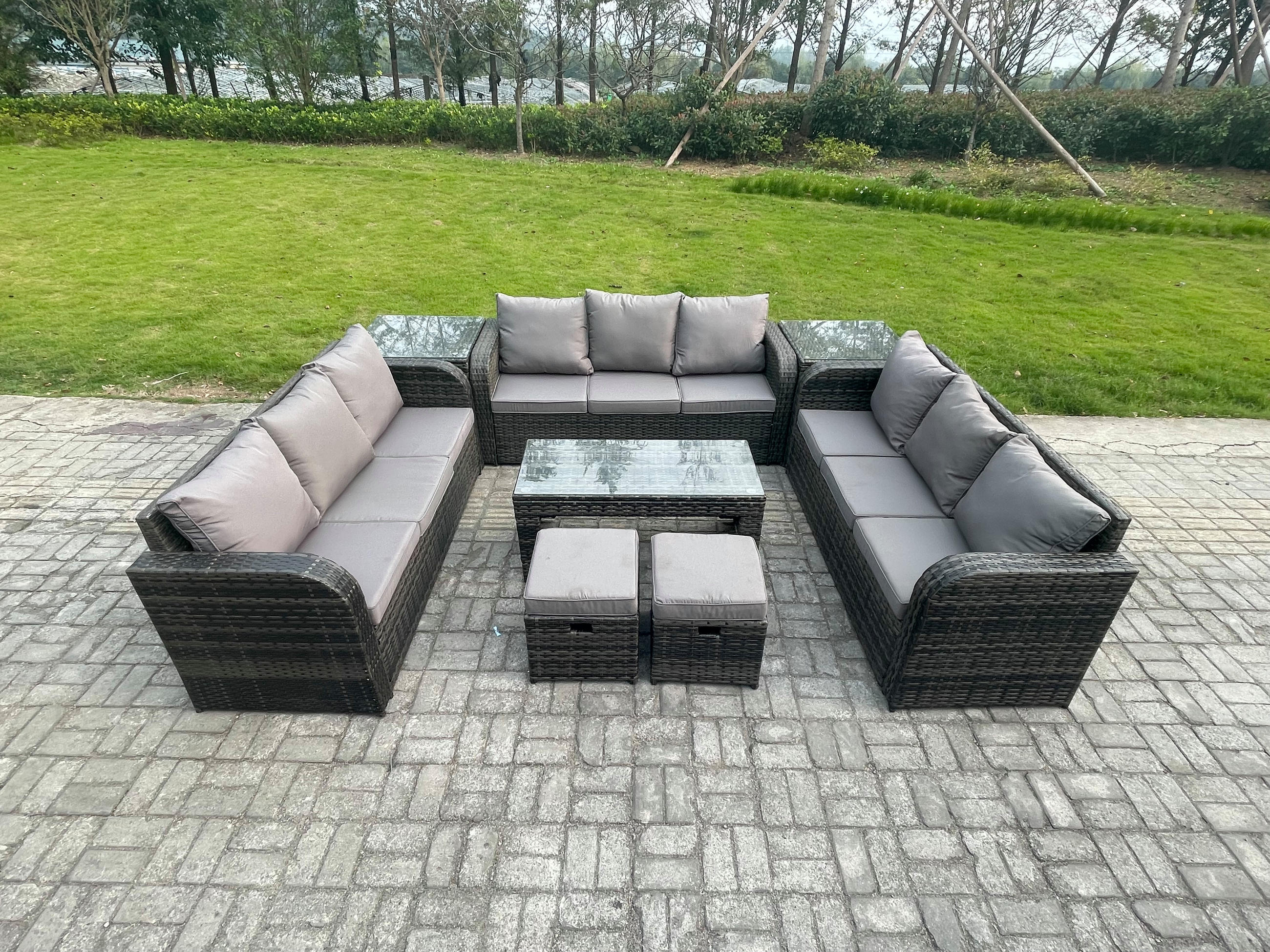 GARTENSOFA SET mit rechteckigem COUCHTISCH Polyrattan 11-Sitzer Dunkelgrau - Dunkelgrau/Grau, Glas/Kunststoff - Fimous