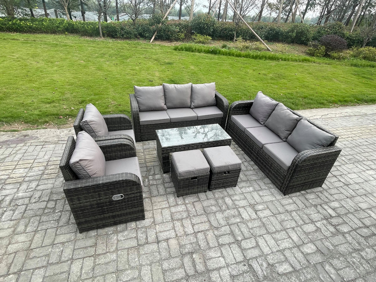 GARTENMÖBEL SET mit Sofa Polyrattan 10-Sitzer Dunkelgrau - Dunkelgrau/Grau, Glas/Kunststoff - Fimous