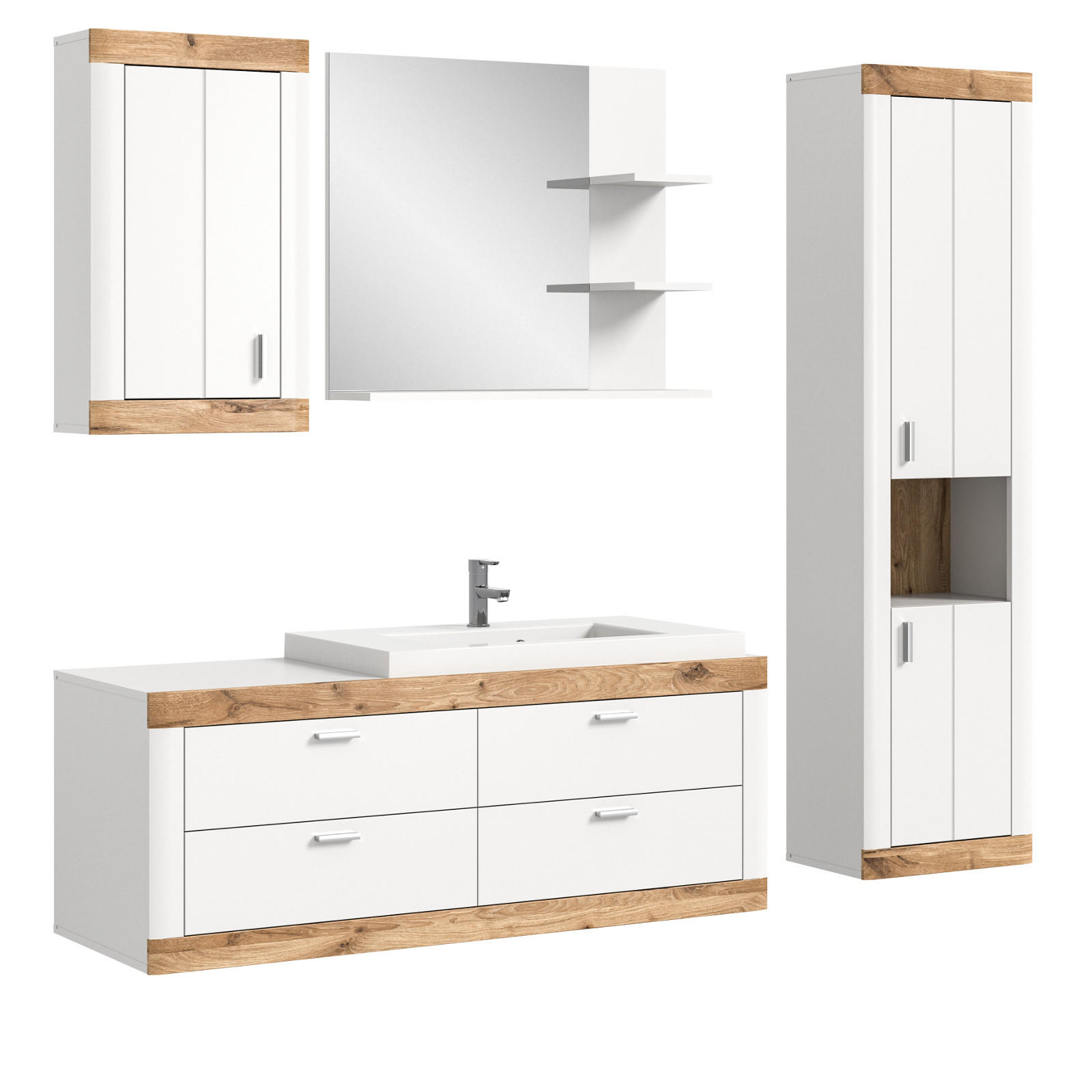 BADMÖBEL-SET 5-teilig weiß, Eiche 193 cm, Kombination mit Soft-Close - Eichefarben/Weiß, Holzwerkstoff (192/172/48cm) - Inn.Furn