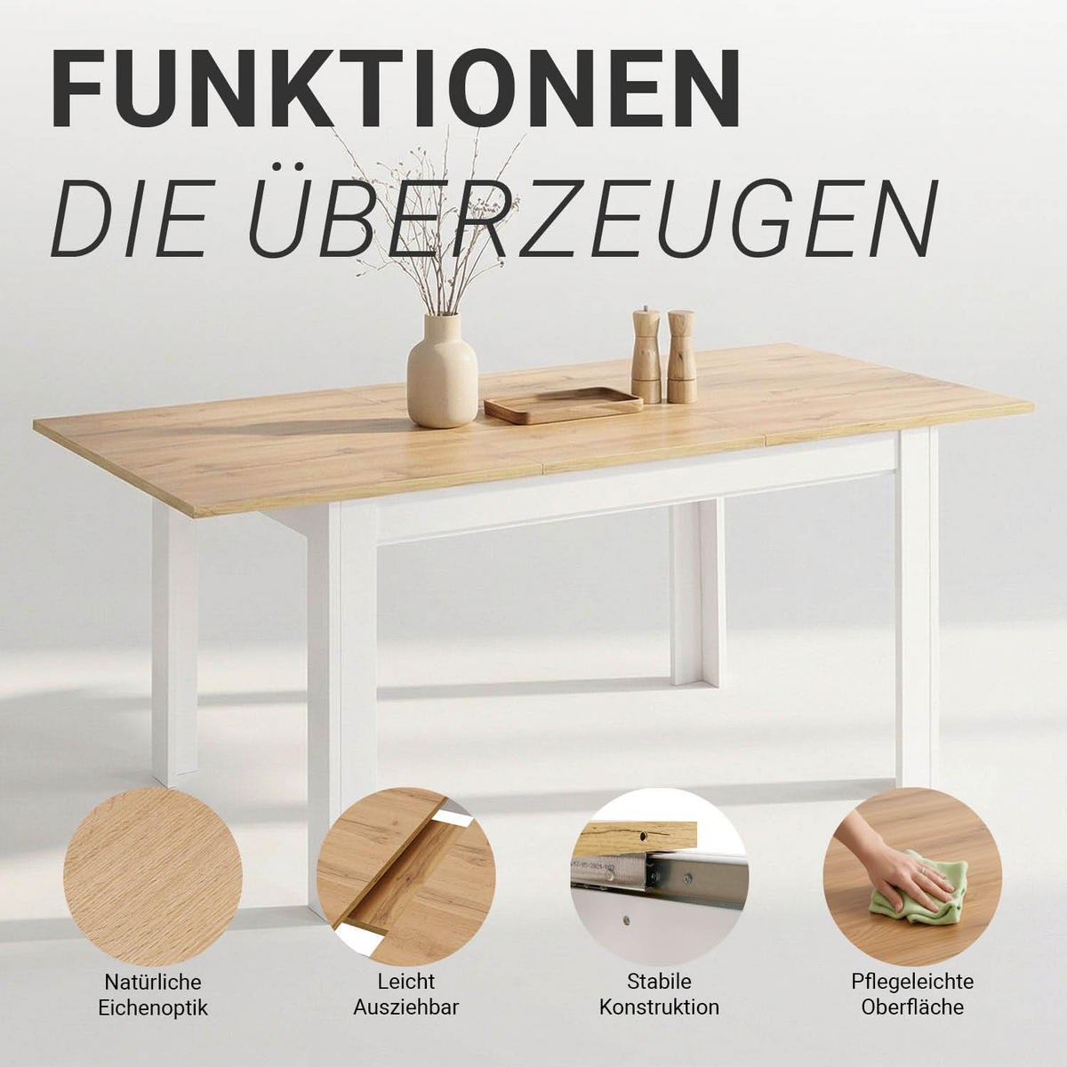 ESSTISCH Weiß in Naturholz 135x86 cm ausziehbar - Naturfarben, Holz (86/135/77cm) - Homestyle4u