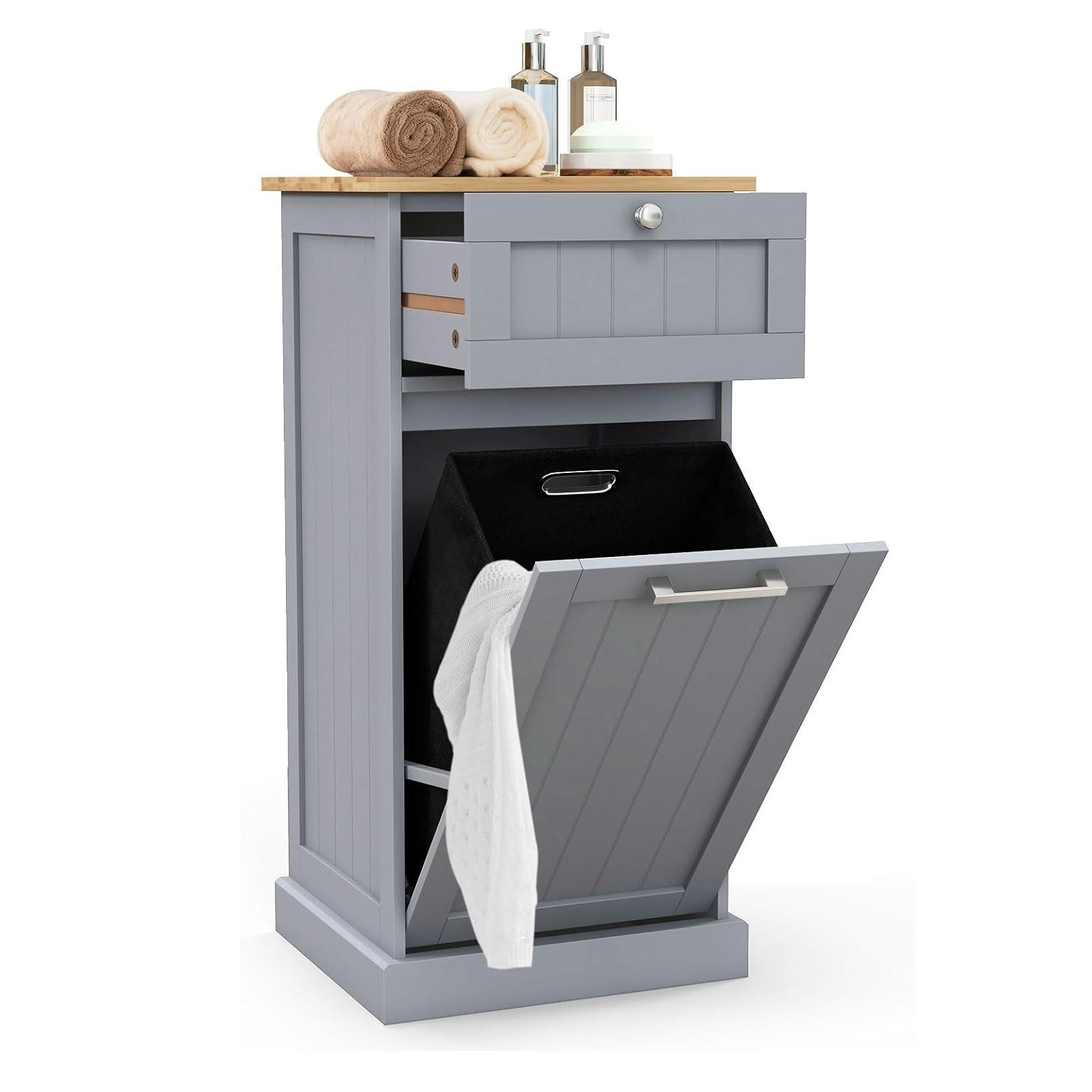 WÄSCHESCHRANK mit Wäschekorb grau - Grau, Holzwerkstoff (40/82/37cm) - COSTWAY