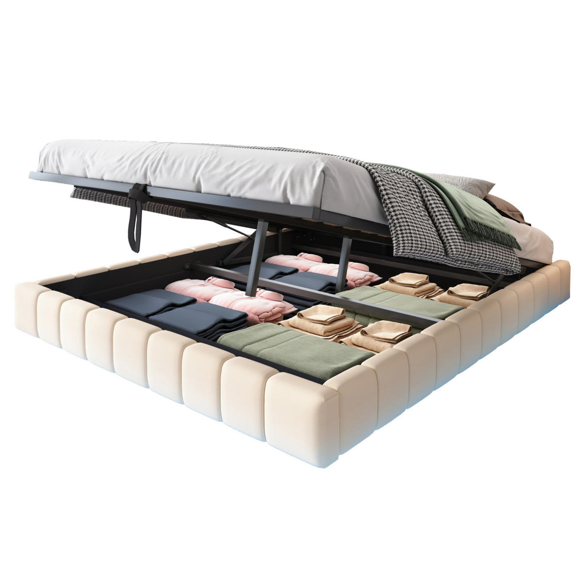 POLSTERBETT mit Bettkasten 160/200 cm mit LED-Beleuchtung, schwebende Optik - Beige, Textil (160/200cm) - BEAOK